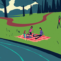 illustration of three people at a picnic on a blanket